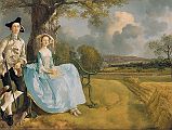 London National Gallery Next 20 16 Thomas Gainsborough - Mr and Mrs Andrews Thomas Gainsborough � Mr. and Mrs. Andrews, 1748-9, 70 x 119 cm. The church whose tower is seen in the centre background is St. Peter�s, Sudbury, where Robert Andrews and Frances Mary Carter were married in 1748. Mr. Andrews nonchalantly has his gun under his arm. Mrs. Andrews, ramrod straight and neatly composed, has a space in her lap that may have been meant to hold a book or a bird her husband had shot. Gainsborough beautifully paints the gold and green of fields and woodland, the supple curves of fertile land meeting the stately clouds. The acid blue hooped skirt almost, but not quite, rhymes with the curved bench back, her silk shoes point like the bench seat, while Mr. Andrews�s substantial shoes point like the tree roots.